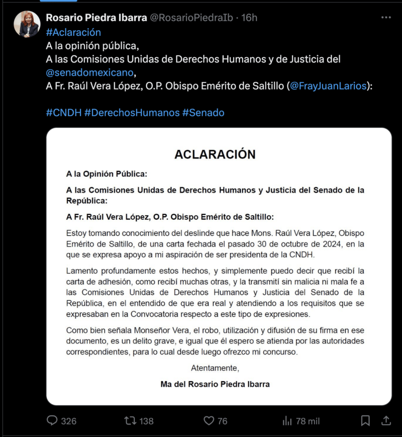 Rosario Piedra clara que la carta es falsa